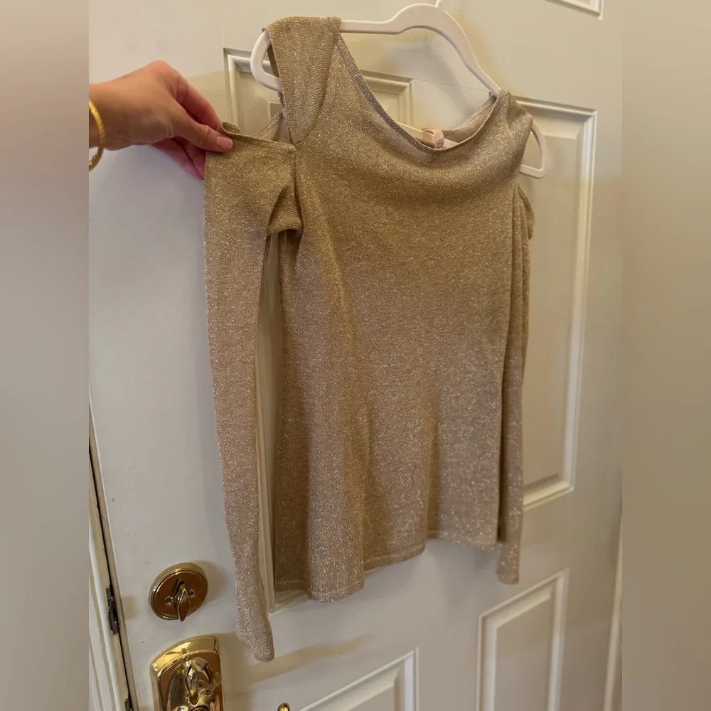 Bailey 44 black sabbath top gold sparkle cold shoulder S $125 sweater l/s linen - Picture 4 of 10